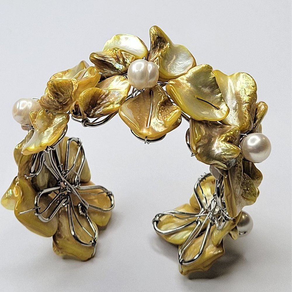 Yellow Adjustable Cuff Bangle Pearl and Shell Bracelet - NEW !